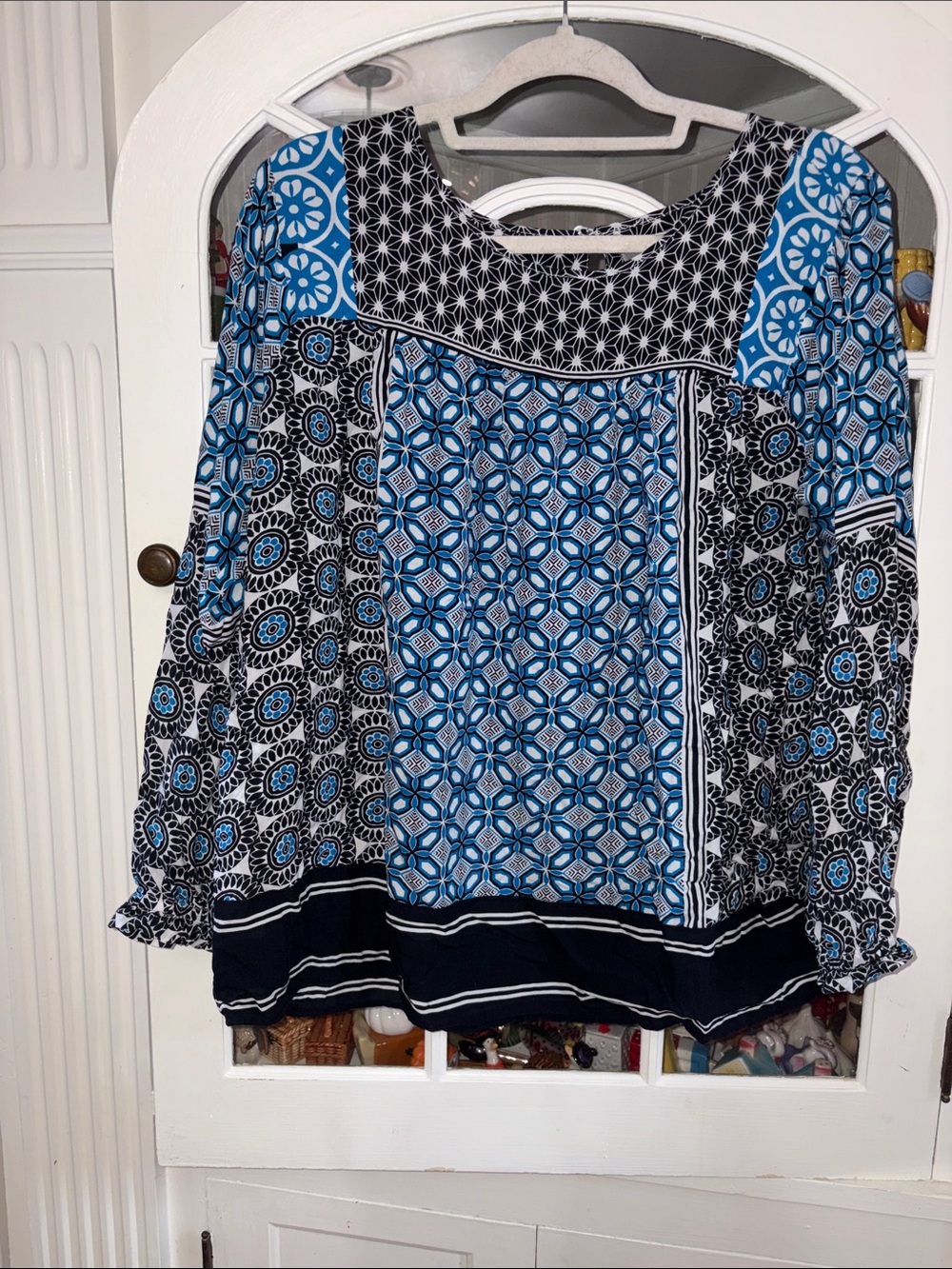 LOFT Blue and Black Mixed Print Peasant Blouse